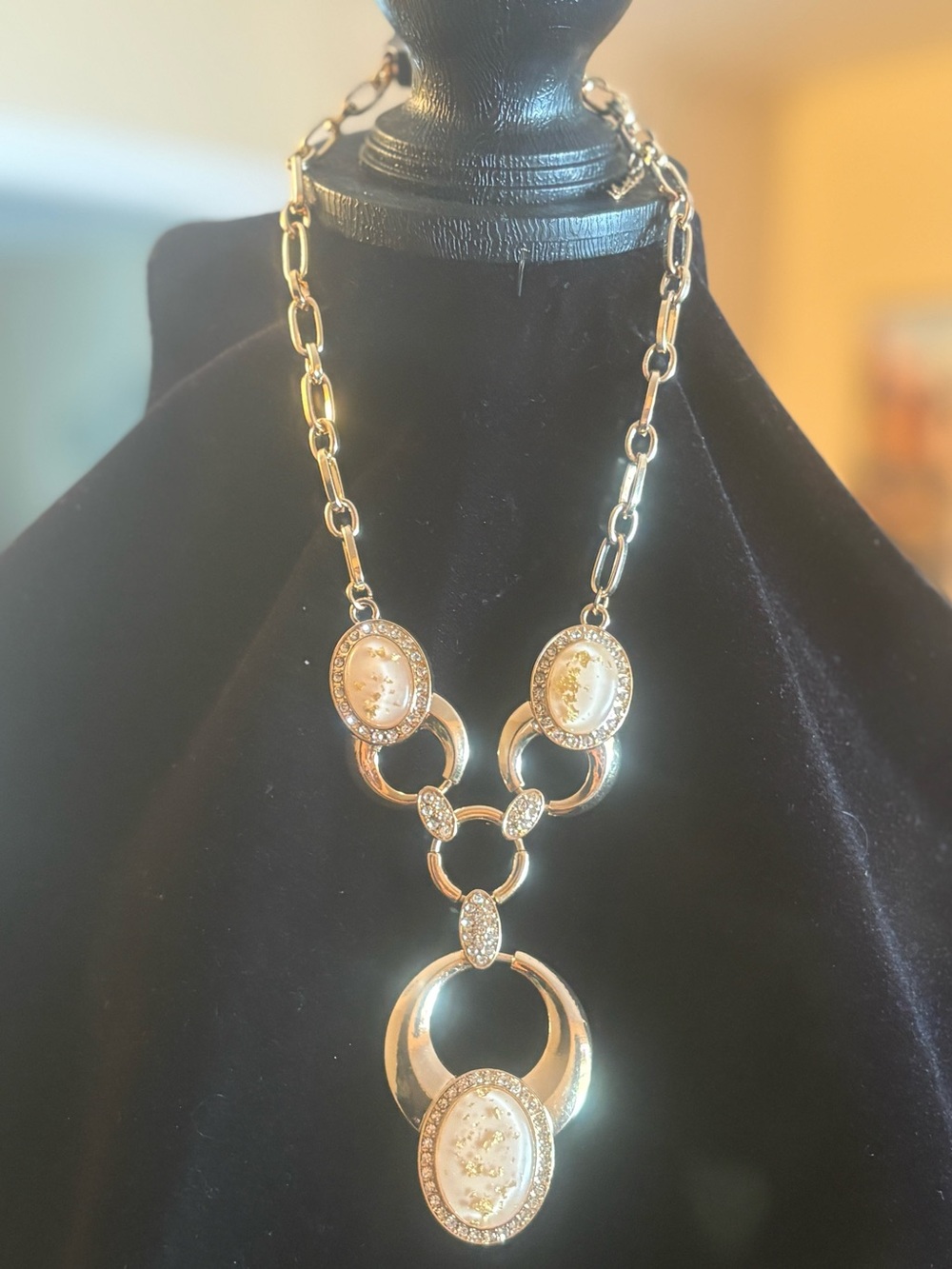 Gold-Tone Pendant Statement Necklace with Cream Cameo Accents